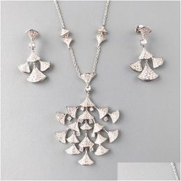 Earrings Necklace Designer Collection Style Fashion Stud Women Lady Inlay Fl Diamond Tassels Fan-Shaped Pendant Jewellery Sets Drop D Dhj1B