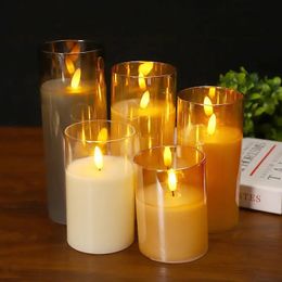 USB Rechargeable/Battery operated LED Glass Candle Remote controlled Pillar Paraffin Wax 3D wick Home table Decor-Amber 240417