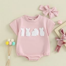 One-Pieces 20240109 Lioraitiin Newborn Baby Girls Easter Outfits Short Sleeve Bunny Bubble Romper Embroidery Clothes With Headband