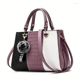 Evening Bags Color Contrast Tote Bag Crocodile Emed Handbags Women's Crossbody With Pompom Decor