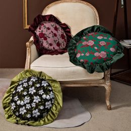 Pillow Luxury Vintage Round Seat Cushion for Sofa Pillow with Insert Ruffle Flower Embroideried Soft Throw Cussion Sofa Home Decoration
