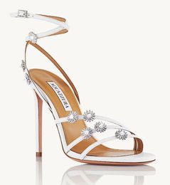 New Elegant Aquazzura Starry Night Women's Heels Sandals Shoes White Gold Party Wedding Pumps Flower Crystal embellishment Lady High Heel Dress Shoe EU35-43 With Box