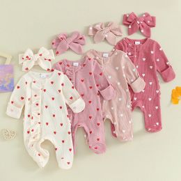 One-Pieces 20231123 Lioraitiin 06M Newborn Baby Girl Valentines Day Outfit Ruffle Heart Long Sleeve Footie Waffle Romper Headband Set