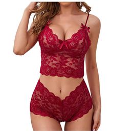 sexy set Sexy Lingerie Sexy Perspective Lace Sling Adjustment Chest Wrap Three Point Suit Fun