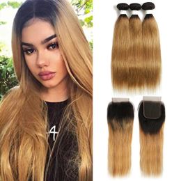 Wigs T1B/27 Ombre Blonde Bundles With Closure 4x4 SOKU Brazilian Straight Hair Weave Bundles With Lace Closure Remy Human Hair Weave