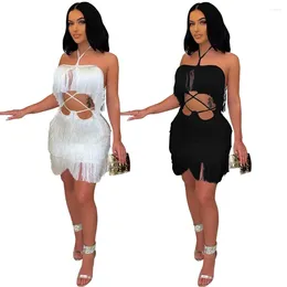 Casual Dresses Sexy Tassel Backless Mini Dress Women Clubwear Summer Halter Bandage Off Shoulder Black White Party Y2k Clothes