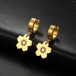 Dangle Earrings Cherry Blossom Flower Drop For Women Girls Gold Color Stainless Steel Hoop Jewelry Birthday Gift Wholesale