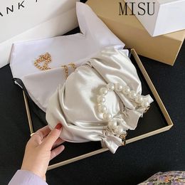 Bag Small Silk Drawstring Crossbody Bags For Women 2024 Elegant Bucket Shoulder Handbags Female Travel Pearl