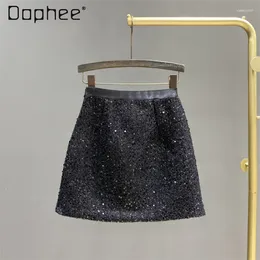 Skirts High-End Short With Sequins 2024 Spring Streetwear Casual Elastic High Waist Slimming A- Line Skirt For Women