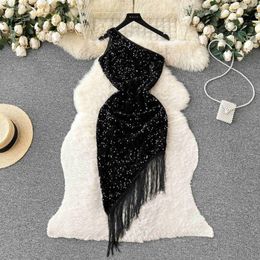 Casual Dresses Sequined Dress For Women Fashion Black One Shoulder Sleeveless Sparkling Slim Fit Bodycon Midi Calf Tassels Party Club