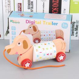 Walking Training Baby Walk Along Toy Wooden Towable Digital Operation Toy Car Wooden Pull Along Puppy Car