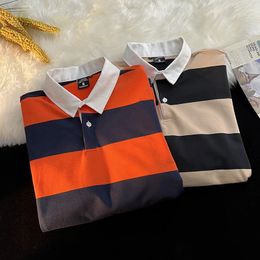 2023 Autumn Mens Longsleeved Striped Lapel Polo Shirt Harajuku Style Loose Tshirt Men and Women Couple Brand Tops 240418