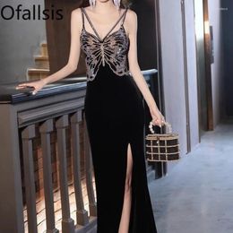 Party Dresses Ofallsis Black Sequins Suspender Velvet Evening Dress 2024 Summer Sexy High End Light Luxury Birthday Split Fishtail