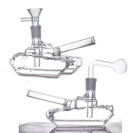 Hookahs Tank Shape Glass Bong Novelty 14mm Joint Recycler Bubbler Water Pipe Dry Herb Tobacco Spoon Pipe Dab Rigs with Downstem Oil Burner Pipes
