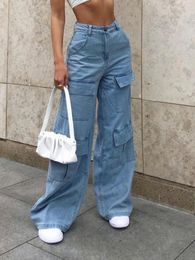 Women's Jeans HOUZHOU Vintgae Y2k Cargo Denim Wide Leg Trousers Mopping Streetwear BF Pocket Pants 2024 Fashion Loose Spring Autumn