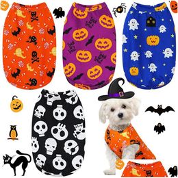 Dog Apparel 4 Color Halloween Shirt Breathable Pet T-Shirt Printed Cute Puppy Clothes Pumpkin Ghosts Bats Doggy Clothing For Transfo Dh0Ps