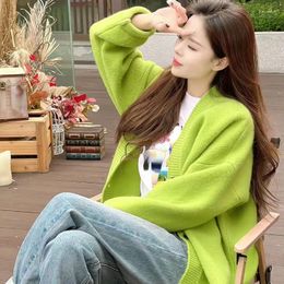 Women's Knits DAYIFUN-Green V-neck Knitted Cardigans Women Long Sleeve Sweater Coat For Lady Fashion Design Sense Jumpers Spring Autumn