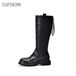 Boots Shoes Women For Lady Genuine Cow Leather Zipper Mid-Calf Med Heels Handmade Retro Style Solid Colour Black Winter 2024