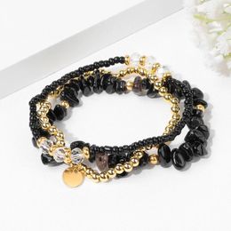 Charm Bracelets 3Pcs/Set Irregular Black Obsidian Seed Beads Natural Stone Gold Colour Bracelet Women Men Jewellery
