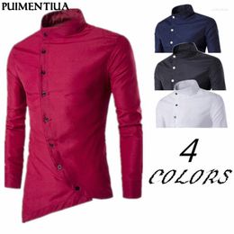 Men's Casual Shirts Puimentiua 2024 Spring Autumn Button Irregular Shirt Long Sleeve Slim Fit Male Solid Stand Cotton Men