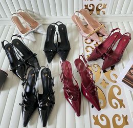 Designer Pointed Toe Evening Party Shoes Calf Patent Leather High Heels Slingback Pumps Metal Buckle-Embellished Sandals 5cm Kitten Heel Slingbacks Fashion Shoes