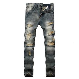 Streetwear Mens Jeans Ripped Denim Pants Hole Ruined Brand Biker High Quality Straight Patch Plus Size 40 42 240417