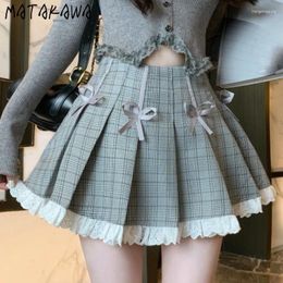 Skirts Matakawa Preppy Style For Women Plaid Ruffles Spring Summer Vintage Y2k Faldas Mujer Bows Pleated Fashion Mini Skirt