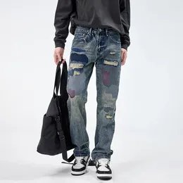 Men's Jeans High Street Men Fashion Brand American Streetwear Loose Casual Hole Patch Straight Retro Denim Pants Trousers