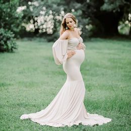Maternity Dresses Women Off Shoulder Maxi Maternity Dress For Photoshoot Long Puff Sleeve V Neck Elegant Slim Fit Gown Split Photography Dress