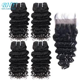Wigs Wigs Deep Wave Hair With Closure Brazilian Remy 4 bundles 100% Natural Human Hair weave 50g curly Hair Short Bob style