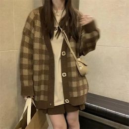 Women's Knits Winter Button Plaid Knit Tops For Woman V-neck Long Cardigan Brown Sweater Warm Crochet Cashmere Fashion 2024 Cold Tall