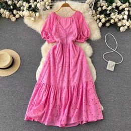 Party Dresses Elegant Vintage Summer Rose Red Hollow Out Embroidery Dress Bohemian Women Sexy Deep V Neck Puff Sleeve High Waist Long