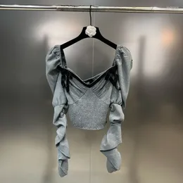 Women's Blouses Absgd 2024 Spring Stretch Long Puff Sleeve Square Collar Bow Grey Slim Blouse Women Top