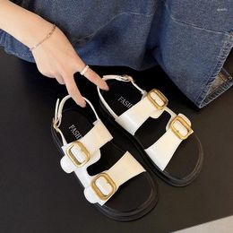 Casual Shoes One Word Buckle Sandals Summer Women's Open Toe Fashion Platform Flat Lady Korean Versatile Metal