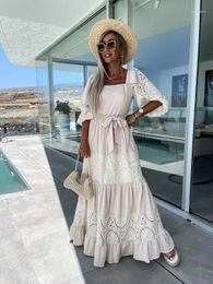 Casual Dresses Elegant Lace Patchwork Bohemian Dress 2024 Women Loose Sexy 3/4 Sleeve Square Collar Waist Lace-up White Maxi