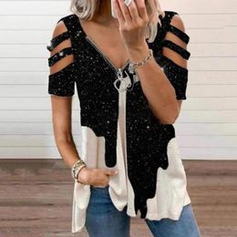 Women's Blouses Autumn And Winter Womens Floral Zipper Cold Shoulder T-shirt Ladies Long Sleeve Blouse Tunic Tops High Quality Clothing 2024