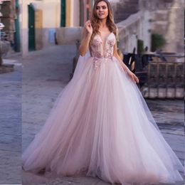 Party Dresses Light Purple Appliques Evening Dress 2024 3D Flowers V-Neck Beach Bride Backless Puff Tulle Special Occasion Gowns