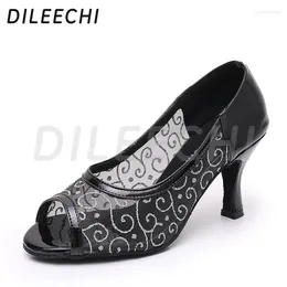 Dance Shoes DILEECHI Latin Black Lace Net PU Salsa Party Ballroom Dancing Soft Outsole 75mm High Heel