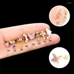 Stud Earrings Colorful Butterfly Flower Cross Stainless Steel Ear Bone For Women Girls Delicate Cartilage Piercing Jewelry Gifts