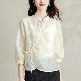 Women's Blouses Satin Shirts Summer Embroidery Chinese Style Loose Long Sleeves Vintage Women Tops Fashion Clothing YCMYUNYAN