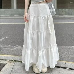 Skirts Spring Summer Women Chiffon Vintage High Waist Elastic Patchwork White Black Chic Long Cake A-line Skirt For Student