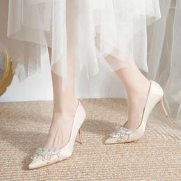 Dress Shoes 2024 White Silk French Fine Heel Pointed Rhinestone Bridesmaid High Heels