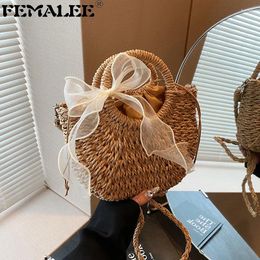 Drawstring FEMALEE Straw Woven Handbag For Women Handmade Travel Seaside Beach Totes Summer Handle Lace Bow Hobo Bag Shopping Bolsa