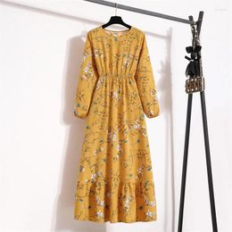 Casual Dresses Bohemian Polka Dot Print Long Dress Ruffle Hem Round Neck Sleeve Elastic Waist A-Line Women's Clothing