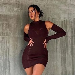 Casual Dresses Spring 2024 Off The Shoulder Long Sleeve Bodycon Party Dress Sexy Perspective Knitted Women Solid Color Y2K Clothes