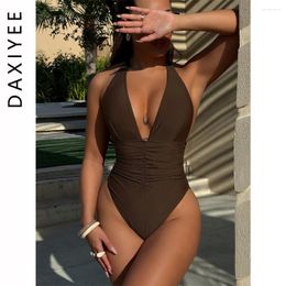 Women's Swimwear Sexy Deep V Neck Women One Piece Swimsuit Backless Puch Up Solid Halter Bandage Ruched Female Bathing Suit Mujer