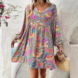 Casual Dresses Spring Vintage Pattern Print Mini Dress Women Sexy V Neck Button Pleated Party Autumn Long Sleeve Loose Office Lady