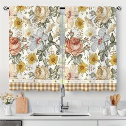 Curtain 2 Pack Vintage Plaid Chamomile Rose Curtains Cafe Semi Blackout Bedroom Living Room Kitchen Home Window Decor