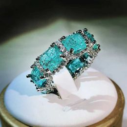 Band Rings 925 Stamp High-definition Paraiba Zircon Jewelry Heavy Industry Inlaid Aquamarine Topaz Ring Womens Party Birthday Gift H240425