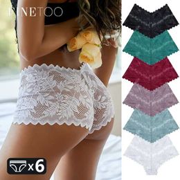 Majtki majtki Finetoo 6pcs Kobiety seksowne koronkowe boyshort puste kwieciste majtki żeńskie talia przezroczyste majtki Niewidoczne bieliznę S-xl Y240425